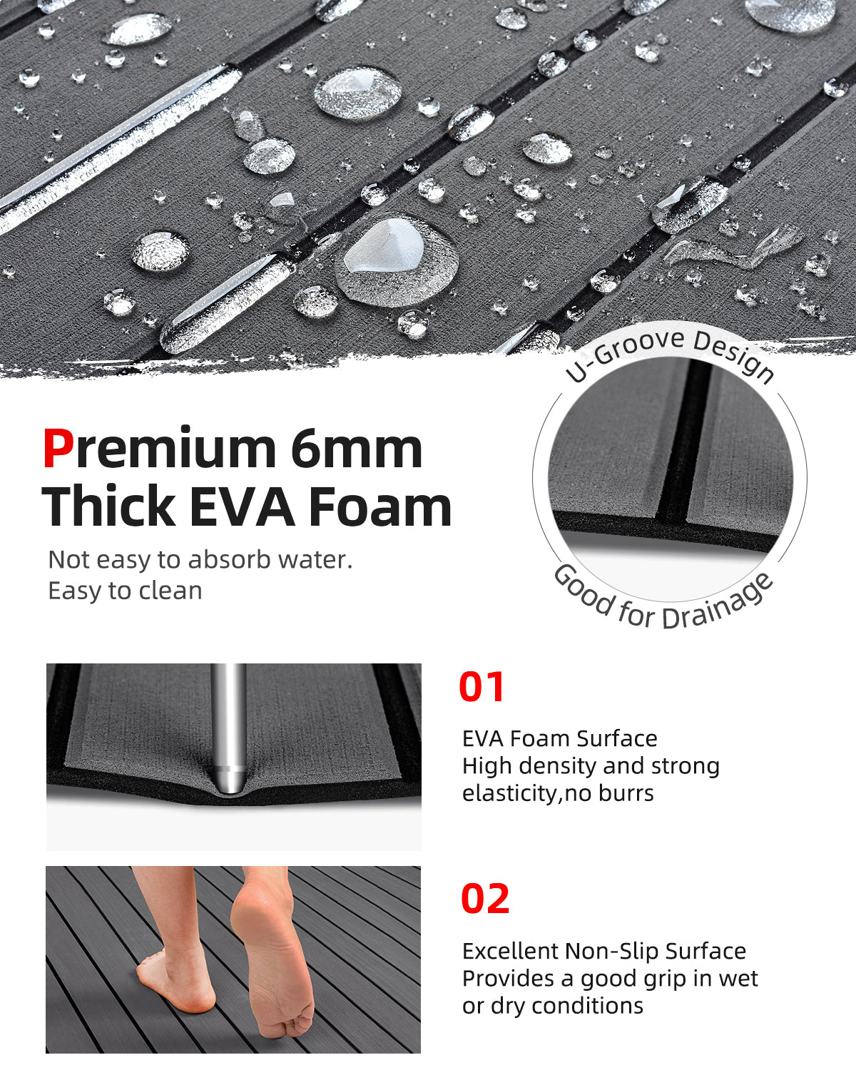 Abahub EVA Foam Boat Decking 96''x45.6'' Self-Adhesive Faux Teak Marine Flooring Sheet Traction Pad for Boats Surfboard, Dark Gray with Black Seam Lines
