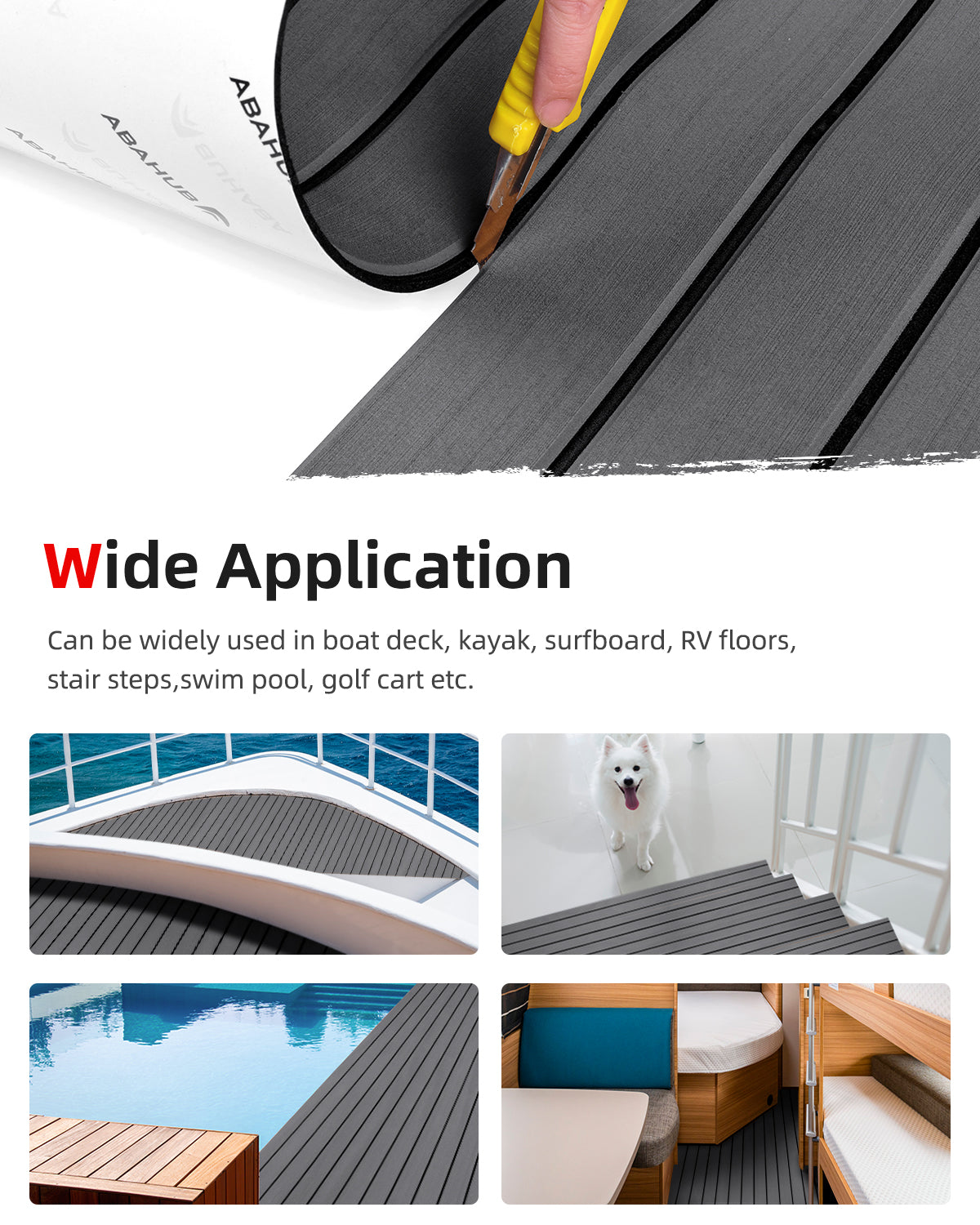 Abahub EVA Foam Boat Decking 96''x45.6'' Self-Adhesive Faux Teak Marine Flooring Sheet Traction Pad for Boats Surfboard, Dark Gray with Black Seam Lines