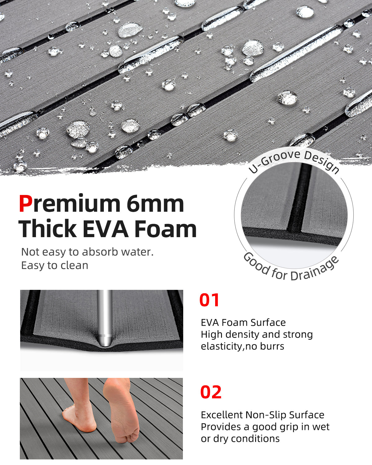 Abahub EVA Foam Boat Decking 96''x36'' Self-Adhesive Faux Teak Marine Flooring Sheet Traction Pad for Boats Surfboard, Gray with Black Seam Lines