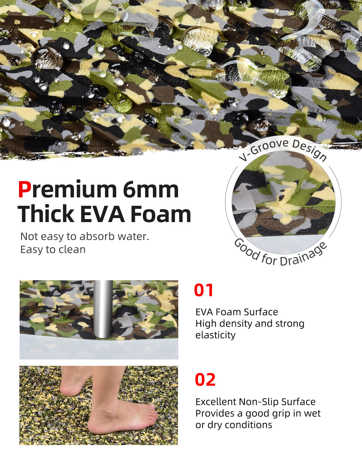 Abahub EVA Foam Boat Decking 96''x23'' Non-Slip Surfboard Traction Pad Grip Mat Self-Adhesive Trimmable Flooring Sheet for Boats SUP Board Kayak Surfing Camouflage Green