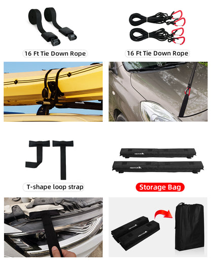 Abahub Soft Roof Rack Pads with 2 Tie Down Straps, 2 Tie Down Ropes, 2 Hood Loops and Storage Bag, for Surfboard, Kayak, Canoe, Heavy Duty Universal Car Roof Racks System (Use with Cross Bar)