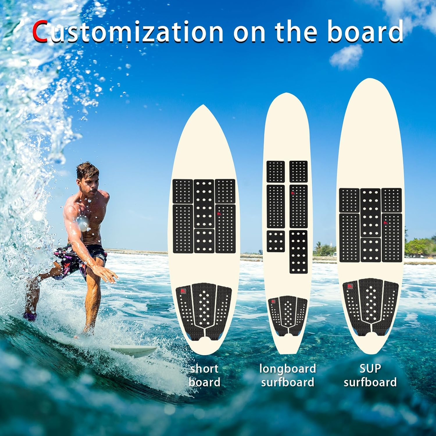 Abahub 9 Piece Surf Deck Traction Pad Premium EVA with Tail Kicker 3M Adhesive for Surfboard Longboard Shortboard Funboard Fish Skimboard Black/Blue/Brown/Gray/White/Orange/Navy Blue