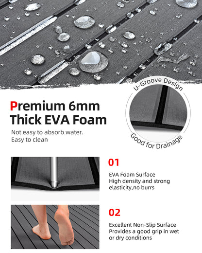 Abahub EVA Foam Boat Decking 96''x45.6'' Self-Adhesive Faux Teak Marine Flooring Sheet Traction Pad for Boats Surfboard, Dark Gray with Black Seam Lines